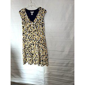 NORTH STYLE Summer Dress Yellow /Black Flowers V Neck Cap Sleeves Size 10 New